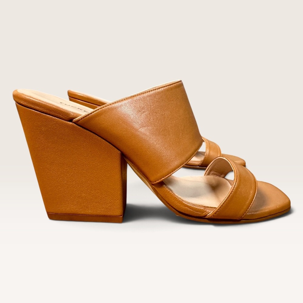 Tuckernuck Carly Cognac Leather Block Heel Mules US 7  Minimalist Preppy